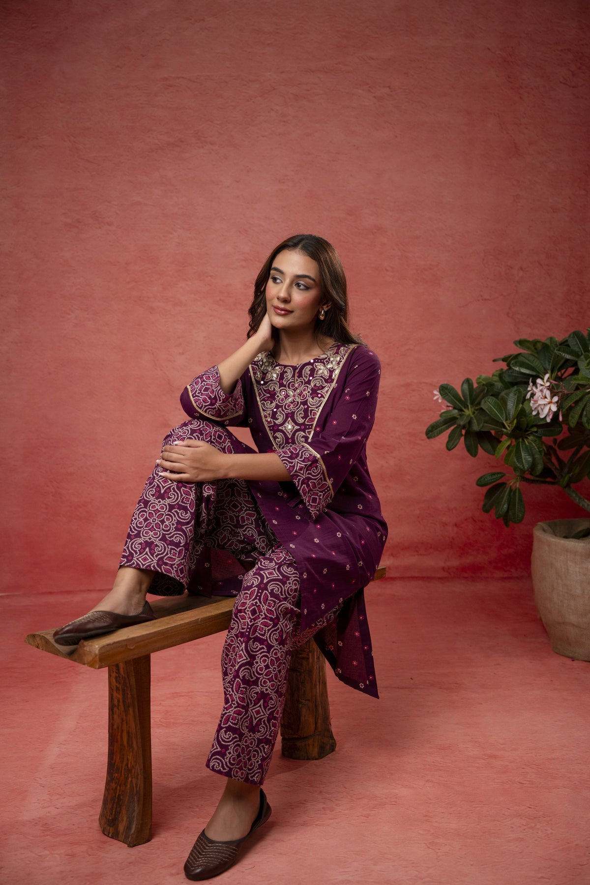 Aari Embroidered Wine Cotton Co-Ord Set