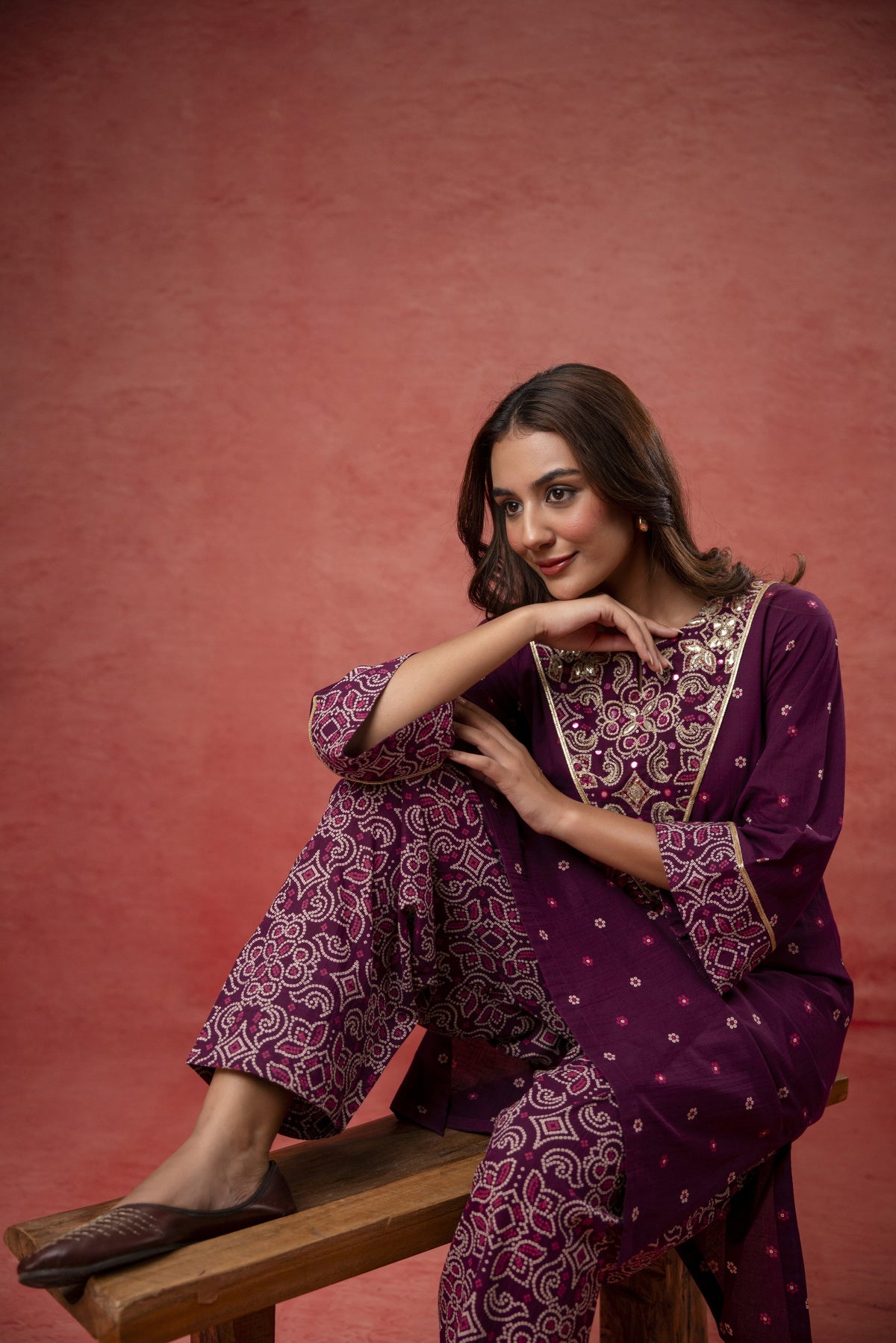 Aari Embroidered Wine Cotton Co-Ord Set