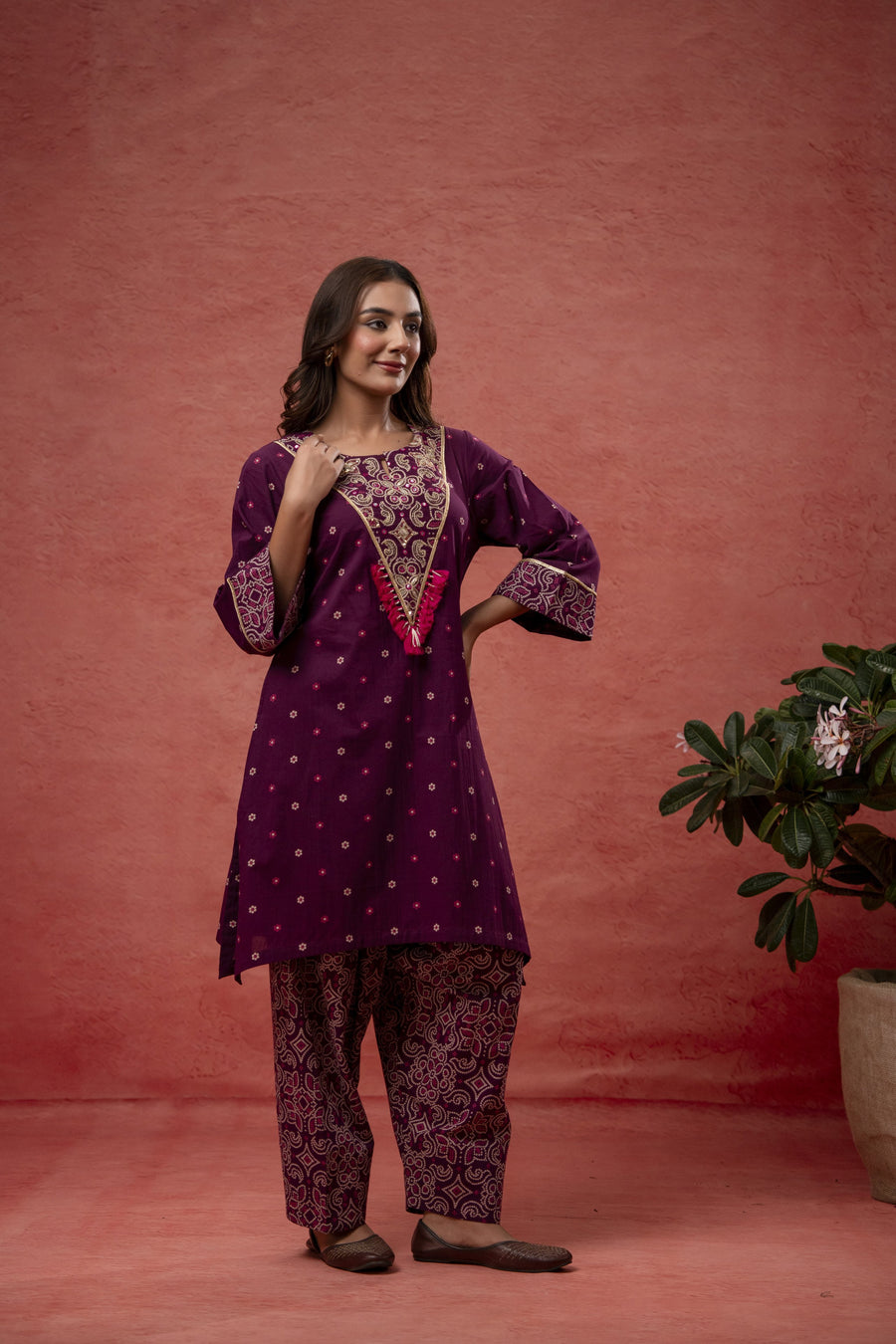Aari Embroidered Wine Cotton Co-Ord Set