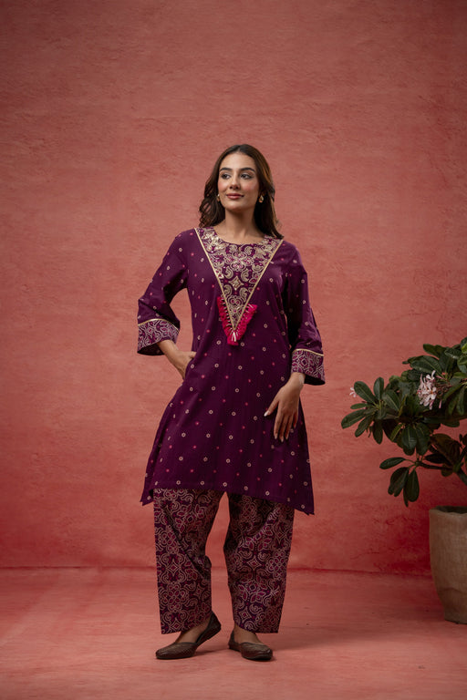 Aari Embroidered Wine Cotton Co-Ord Set
