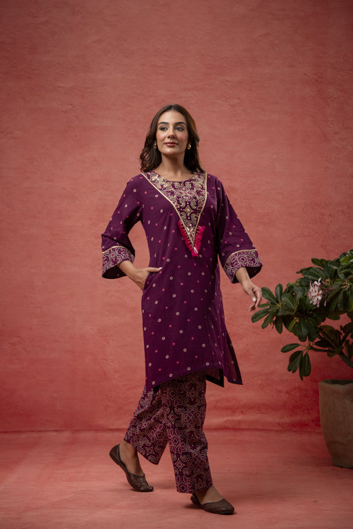 Aari Embroidered Wine Cotton Co-Ord Set