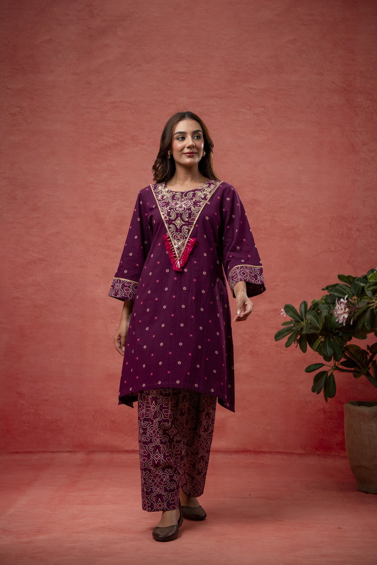 Aari Embroidered Wine Cotton Co-Ord Set