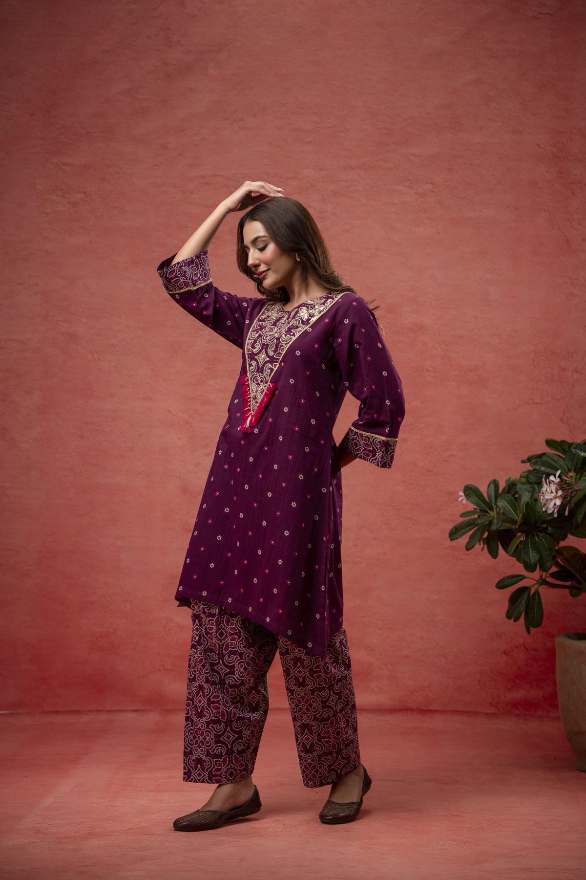 Aari Embroidered Wine Cotton Co-Ord Set