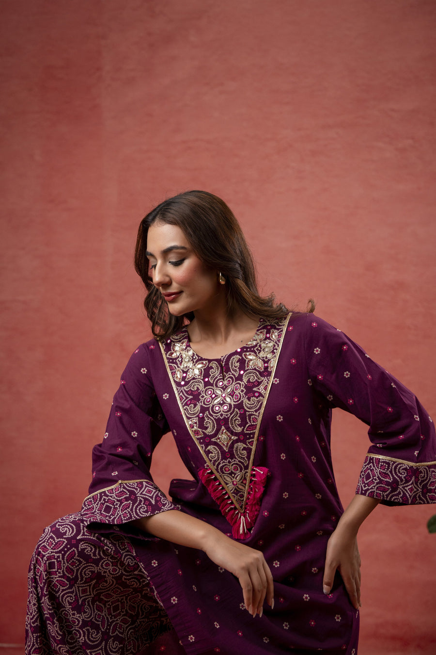 Aari Embroidered Wine Cotton Co-Ord Set