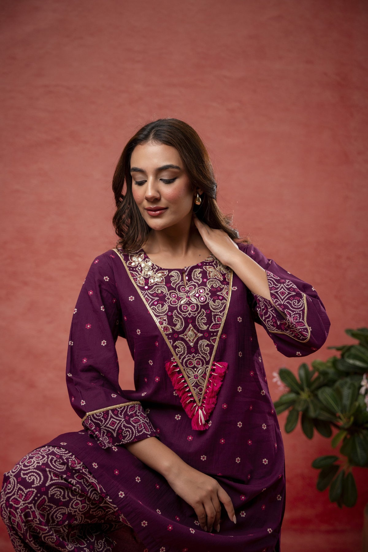 Aari Embroidered Wine Cotton Co-Ord Set