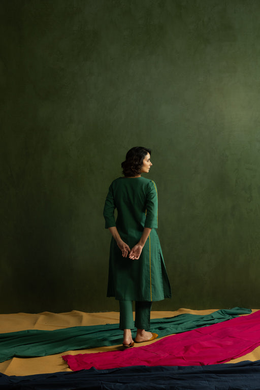 Green Cotton Linen Kurta Pant Set in Colour Block