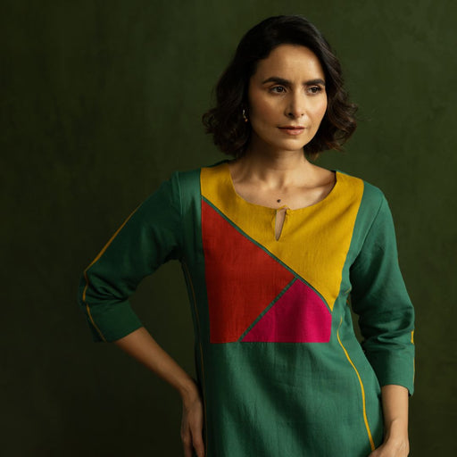 Green Cotton Linen Kurta Pant Set in Colour Block