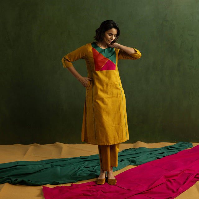 Mustard Cotton Linen Kurta Pant Set in Colour Block