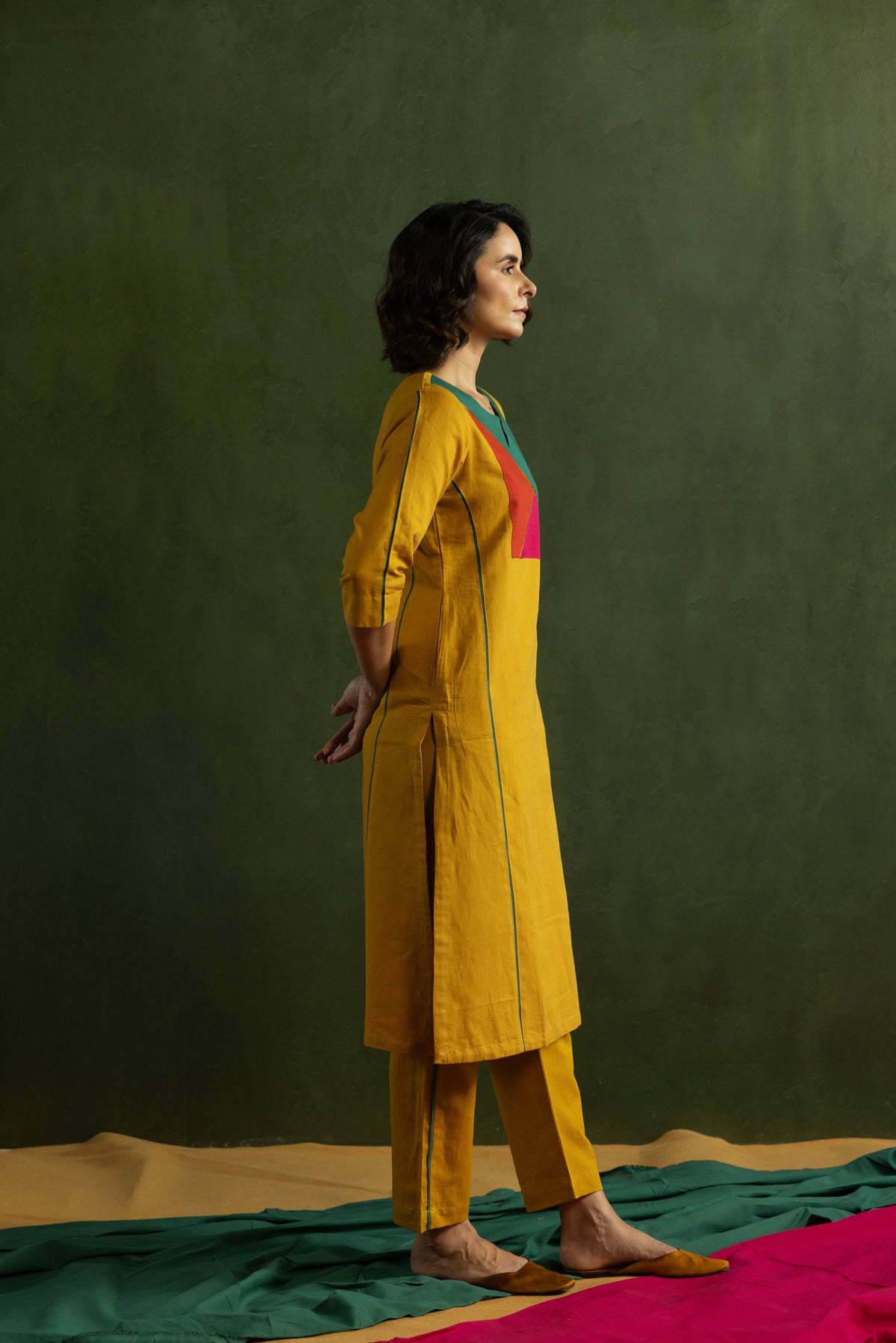 Mustard Cotton Linen Kurta Pant Set in Colour Block