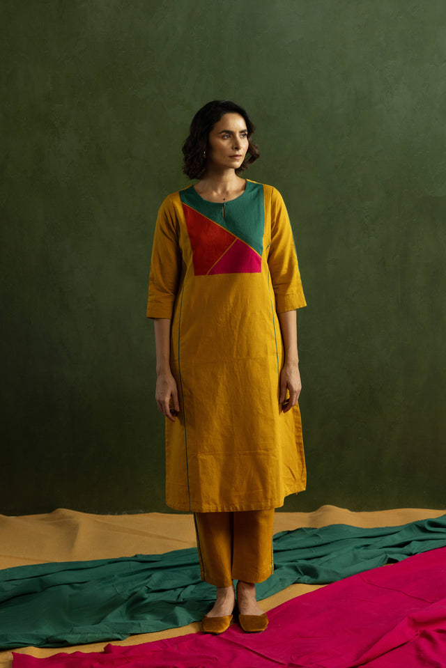 Mustard Cotton Linen Kurta Pant Set in Colour Block