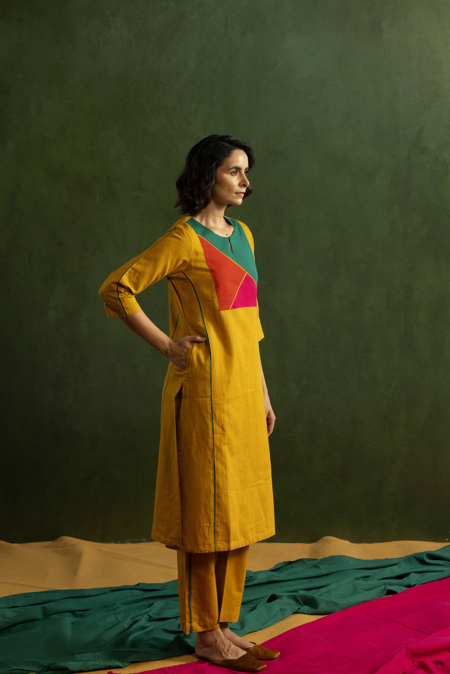 Mustard Cotton Linen Kurta Pant Set in Colour Block
