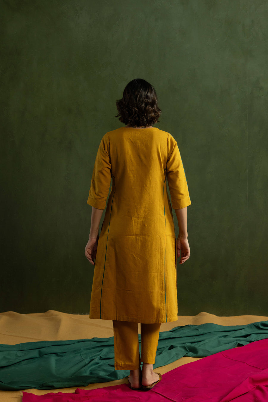 Mustard Cotton Linen Kurta Pant Set in Colour Block