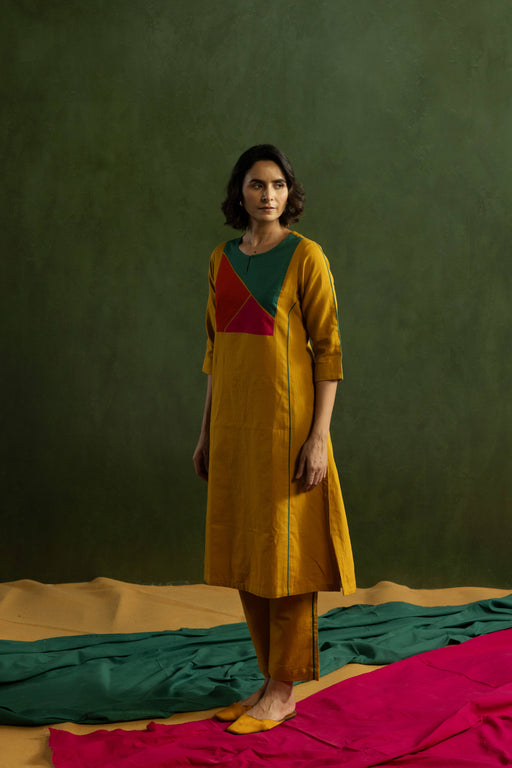 Mustard Cotton Linen Kurta Pant Set in Colour Block