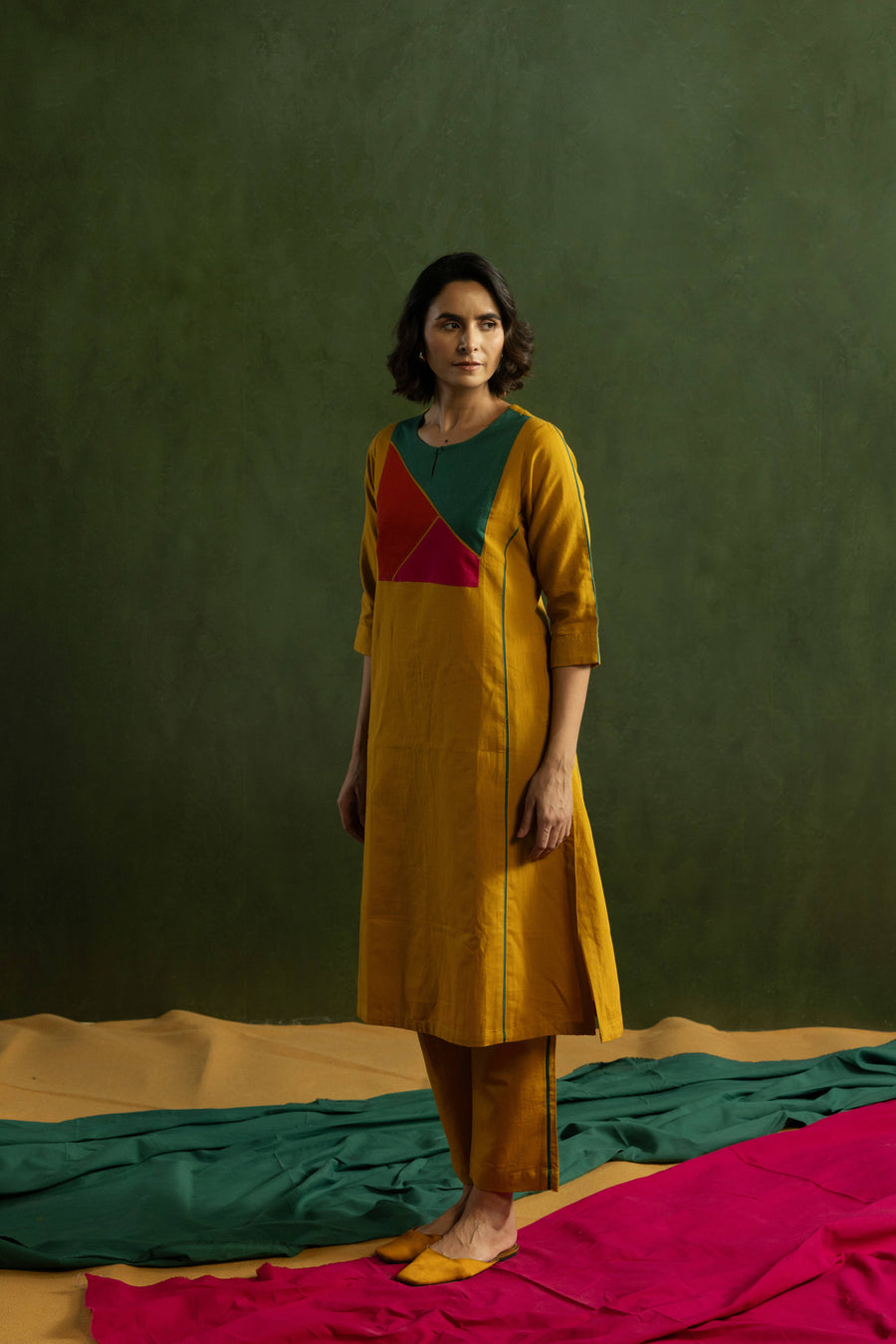Mustard Cotton Linen Kurta Pant Set in Colour Block