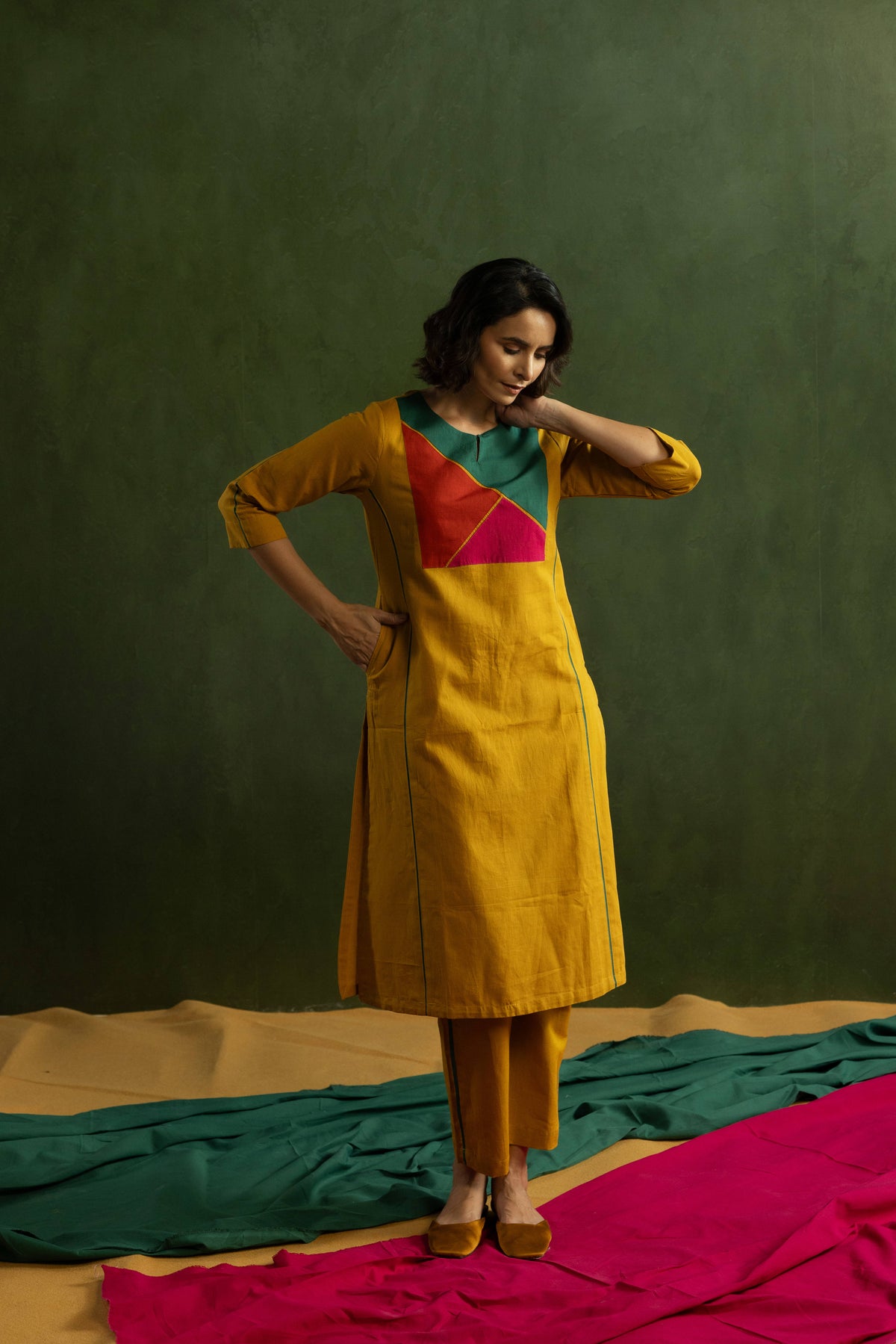 Mustard Cotton Linen Kurta Pant Set in Colour Block