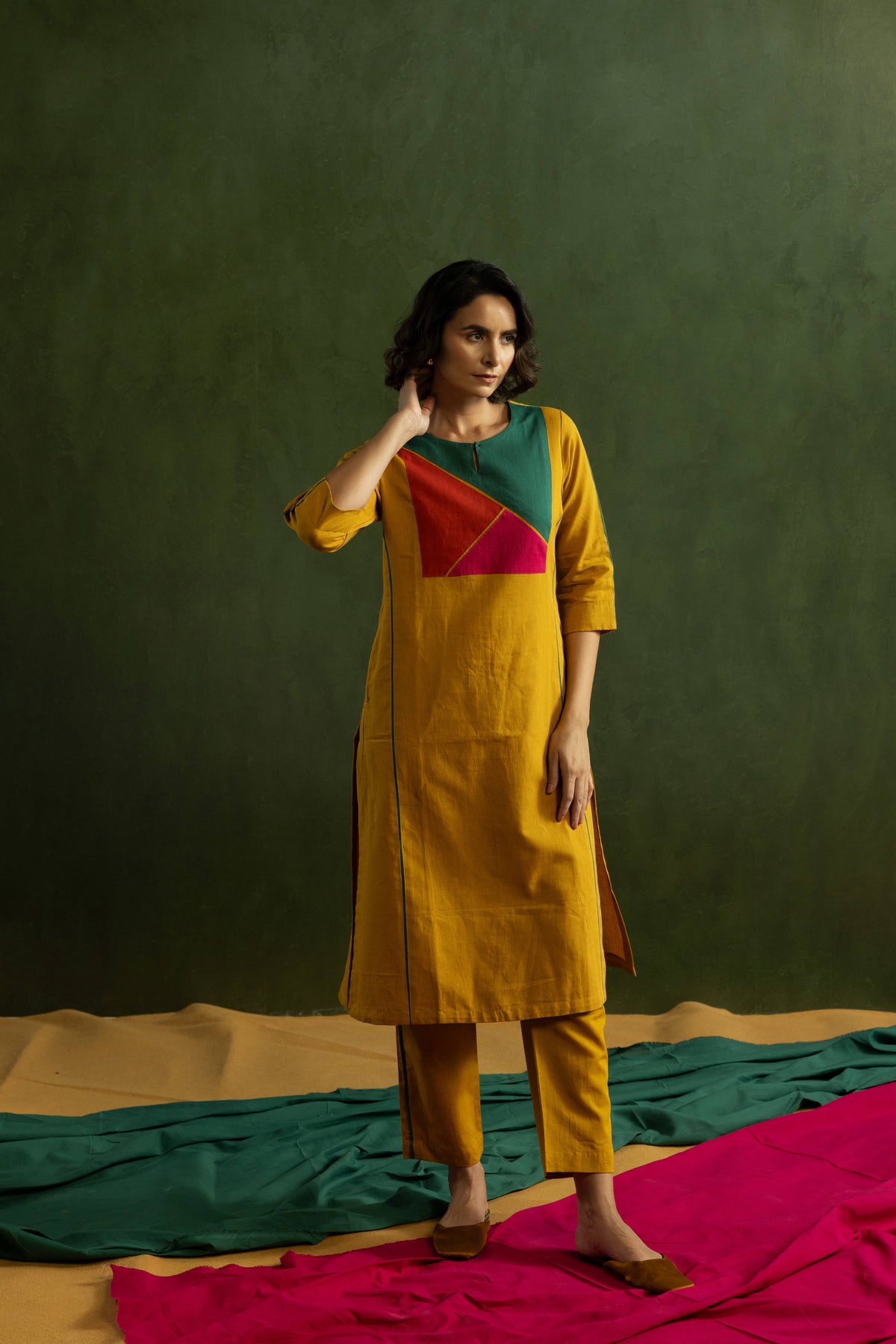 Mustard Cotton Linen Kurta Pant Set in Colour Block