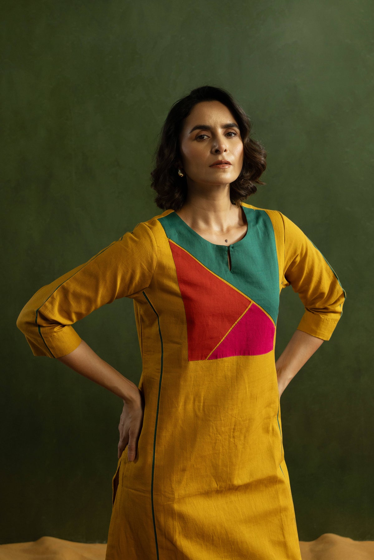 Mustard Cotton Linen Kurta Pant Set in Colour Block