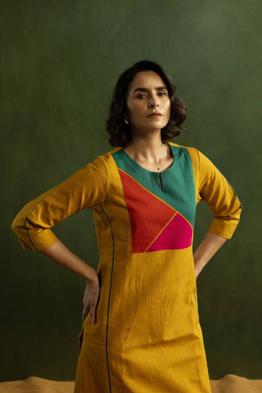 Mustard Cotton Linen Kurta Pant Set in Colour Block