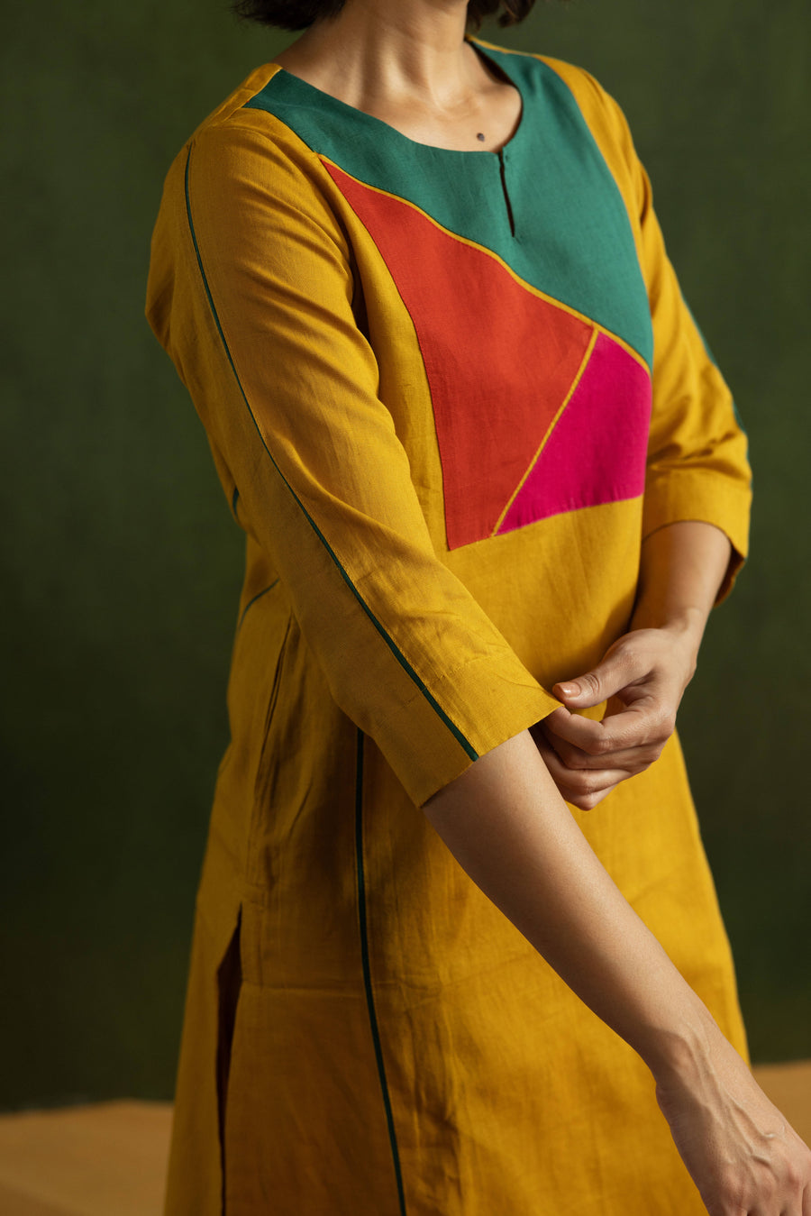 Mustard Cotton Linen Kurta Pant Set in Colour Block
