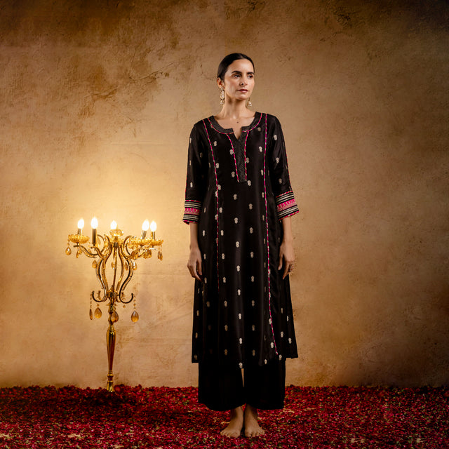 Black Russian Silk Jacquard Booti Embroidered Kurta with Silk Pant