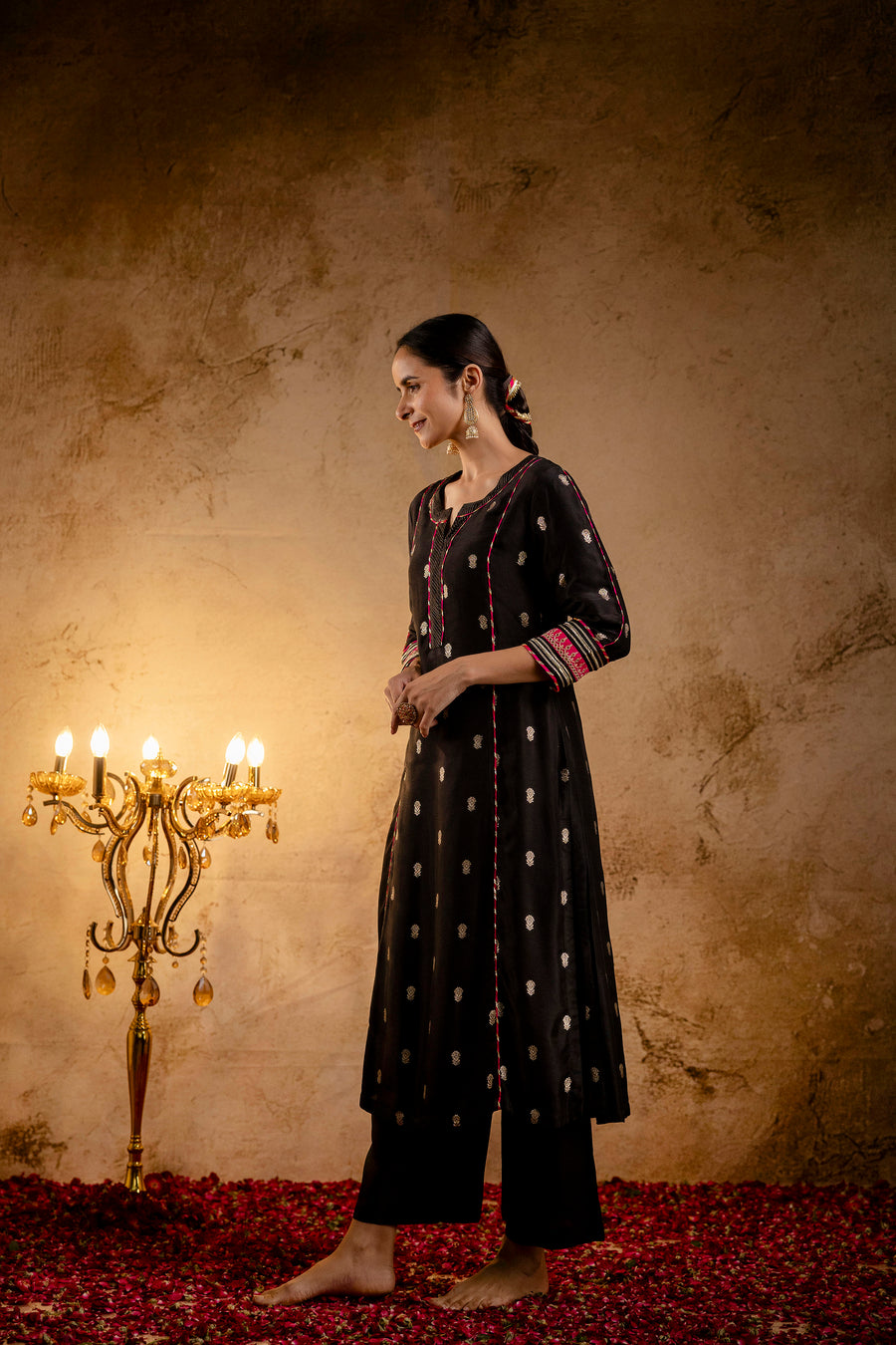 Black Russian Silk Jacquard Booti Embroidered Kurta with Silk Pant