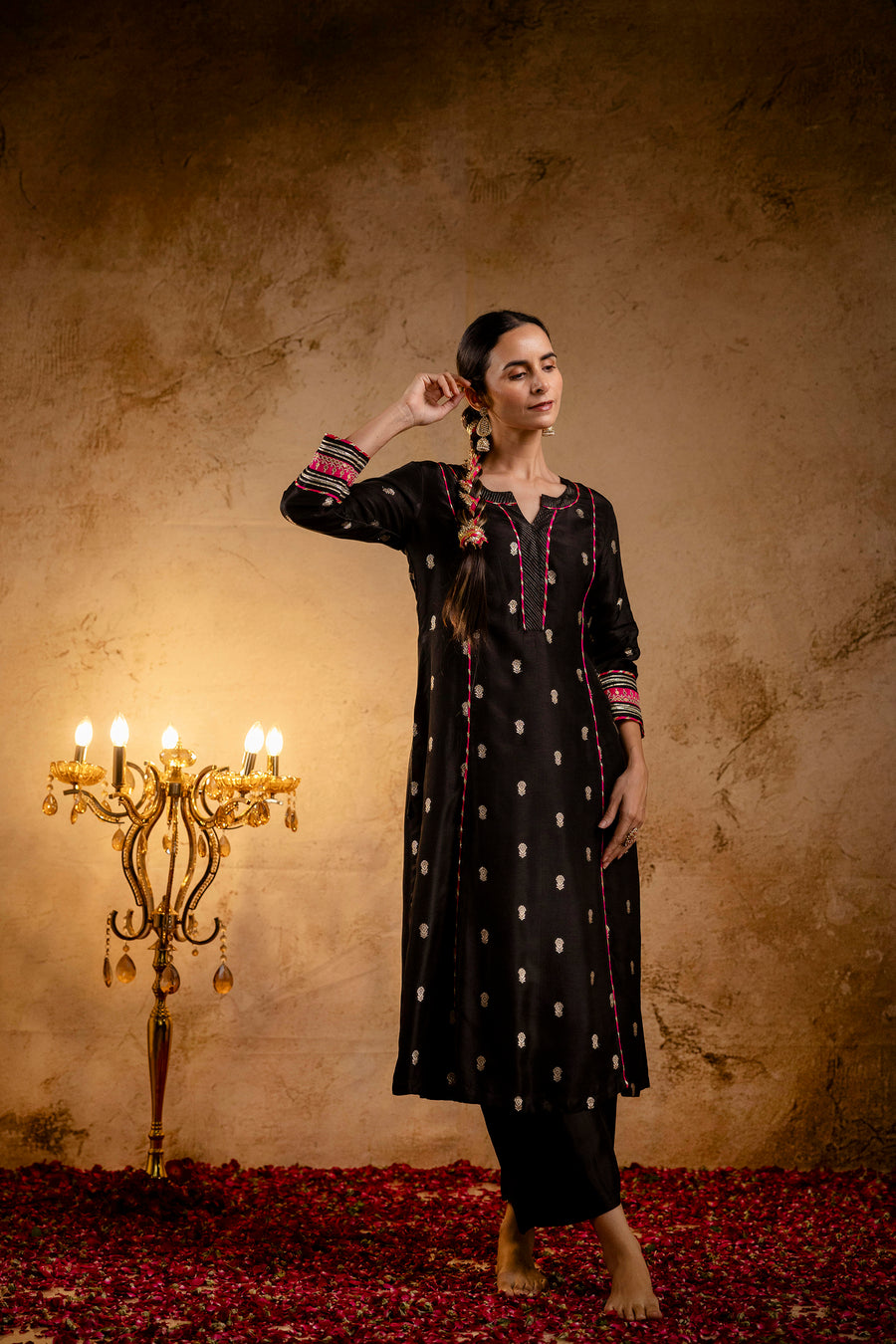 Black Russian Silk Jacquard Booti Embroidered Kurta with Silk Pant