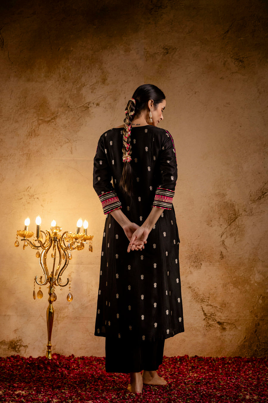 Black Russian Silk Jacquard Booti Embroidered Kurta with Silk Pant