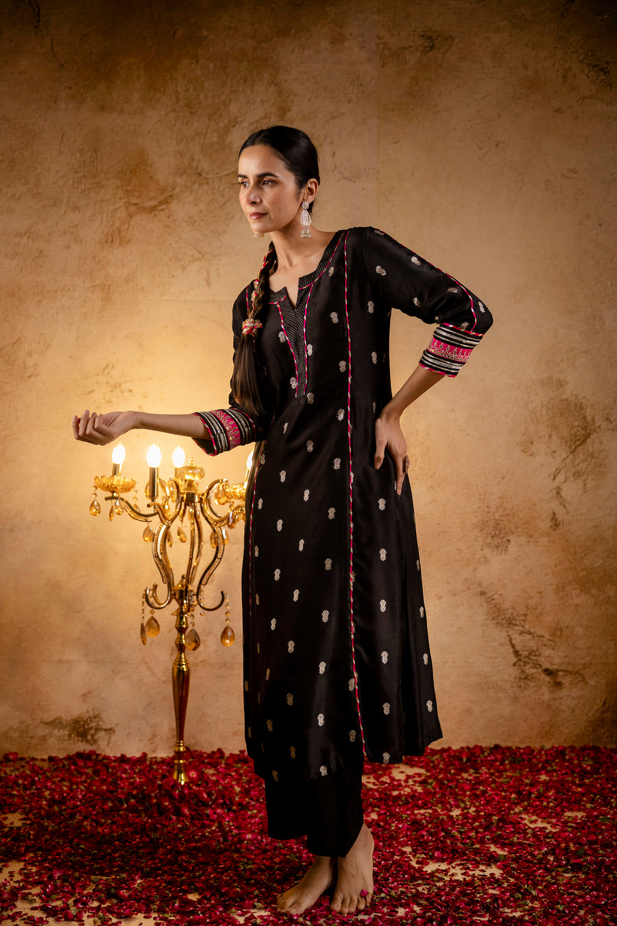 Black Russian Silk Jacquard Booti Embroidered Kurta with Silk Pant