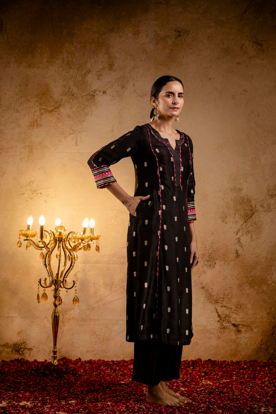 Black Russian Silk Jacquard Booti Embroidered Kurta with Silk Pant