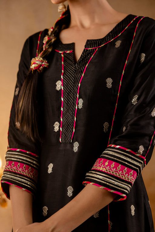 Black Russian Silk Jacquard Booti Embroidered Kurta with Silk Pant