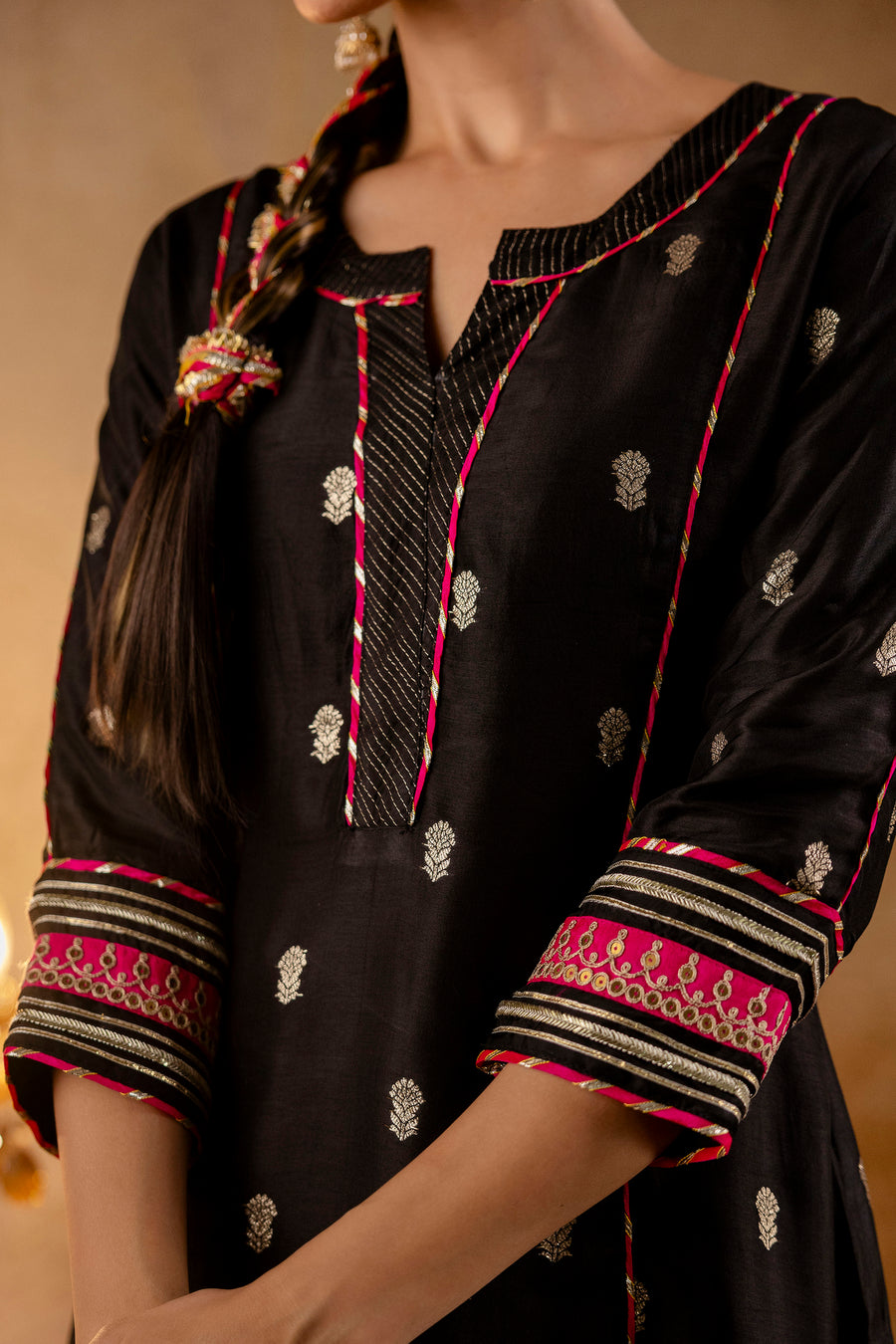 Black Russian Silk Jacquard Booti Embroidered Kurta with Silk Pant