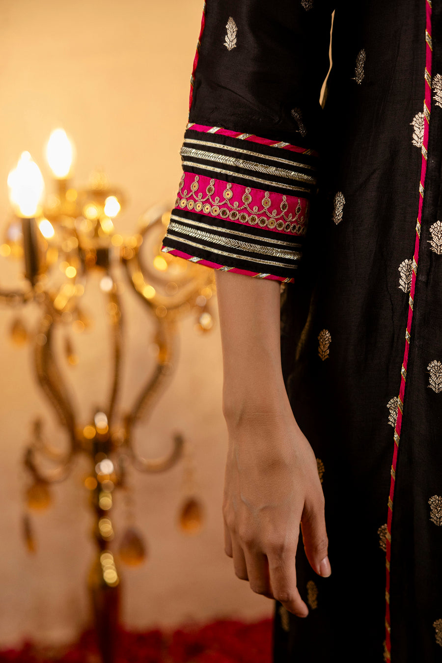 Black Russian Silk Jacquard Booti Embroidered Kurta with Silk Pant