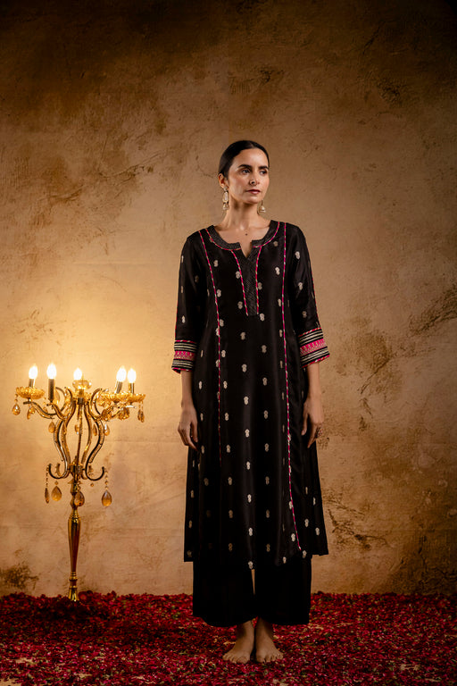 Black Russian Silk Jacquard Booti Embroidered Kurta with Silk Pant