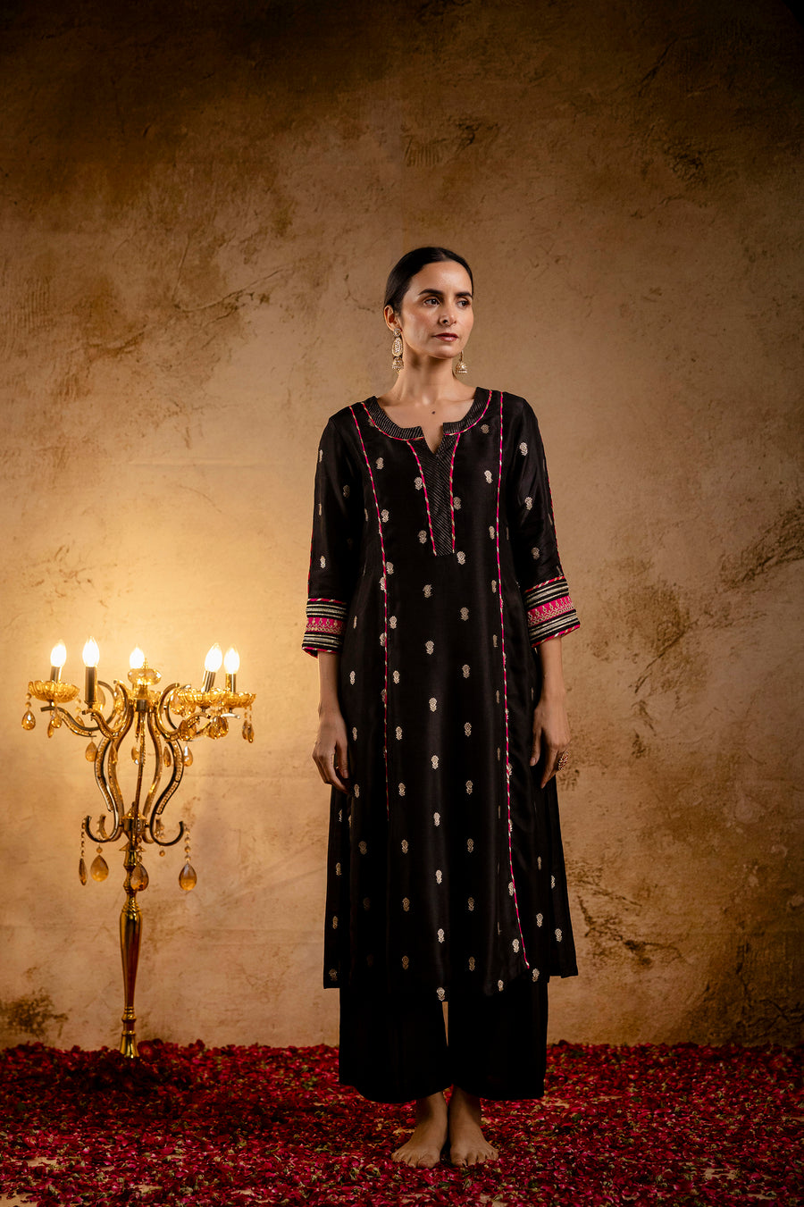 Black Russian Silk Jacquard Booti Embroidered Kurta with Silk Pant
