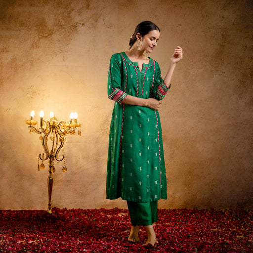 Green Russian Silk Jacquard Booti Embroidered Kurta with Silk Pant