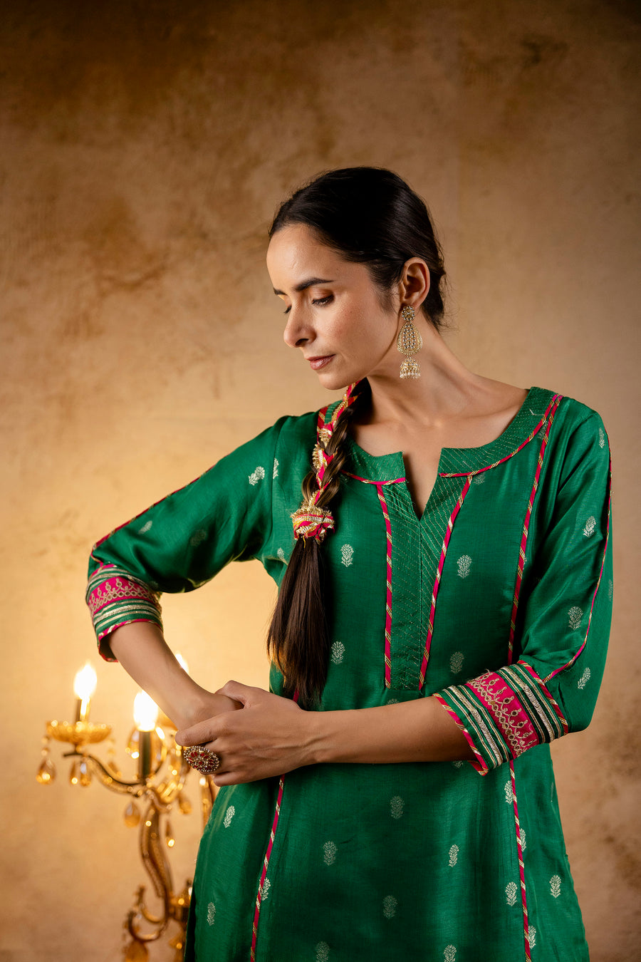 Green Russian Silk Jacquard Booti Embroidered Kurta with Silk Pant