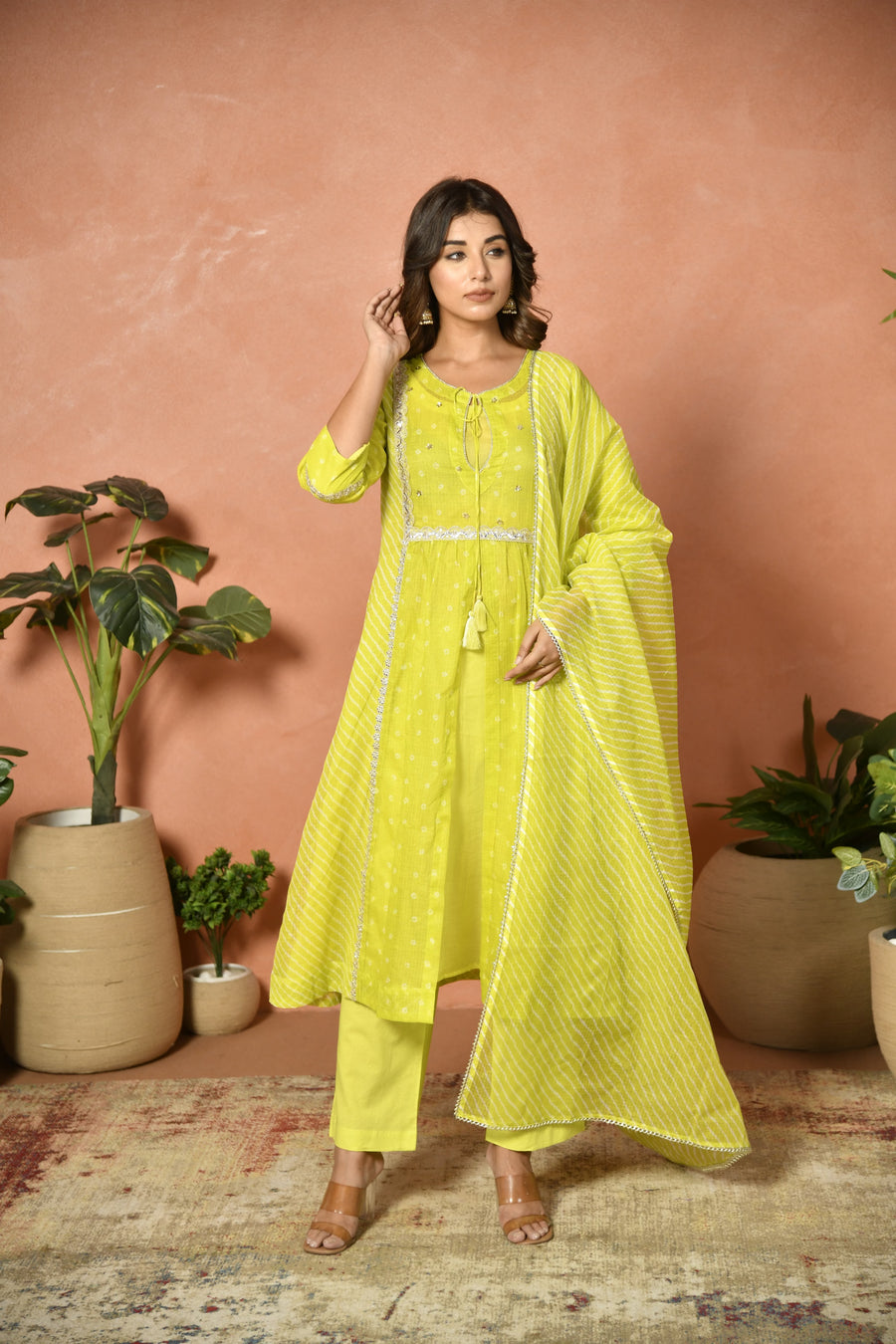 Parrot green festive embroidered Kota Doria suit set - front view - EKOHUM