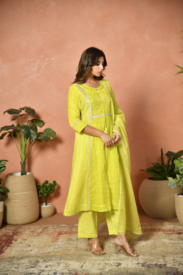 Parrot Green Embroidered Kota Doria Suit Set with Dupatta