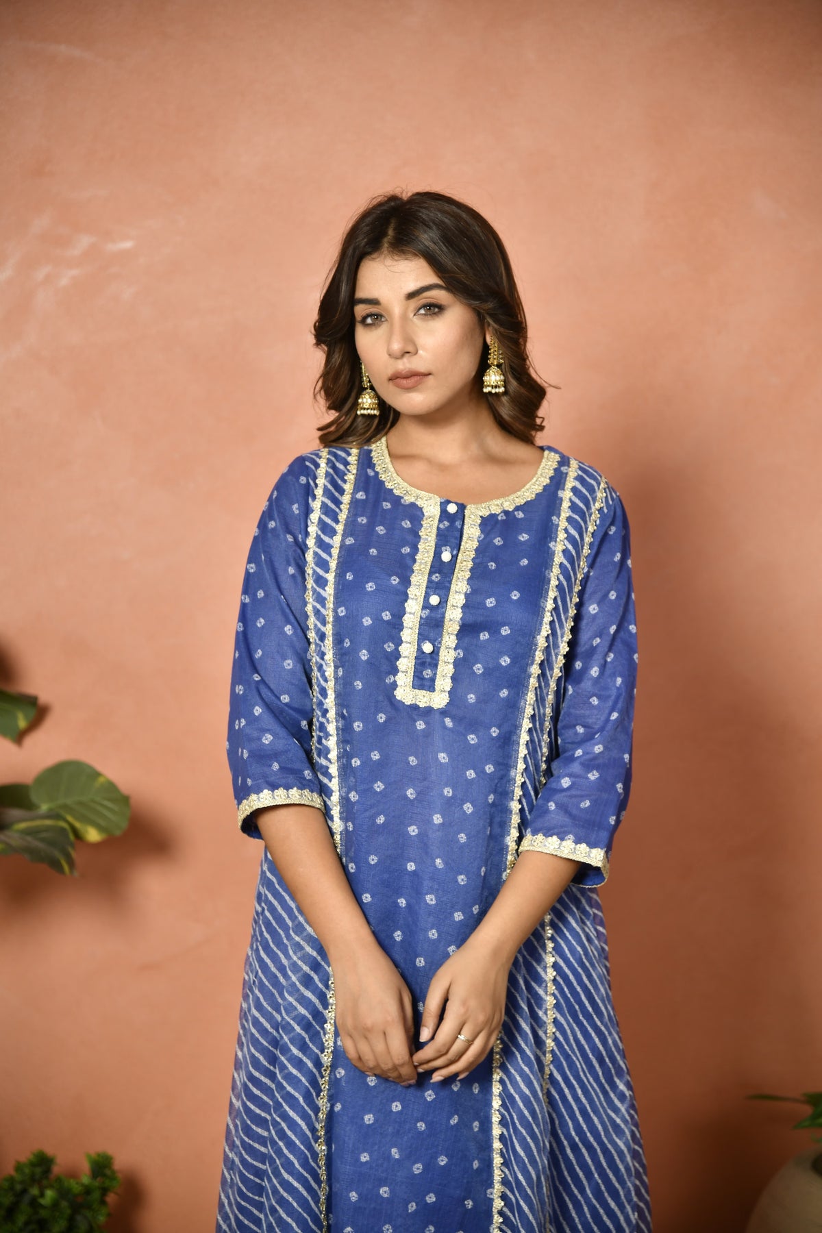 Royal blue festive embroidered Kota Doria suit set - fabric detail - EKOHUM