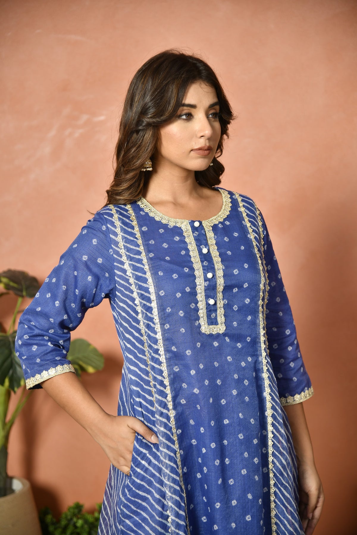 Royal blue festive embroidered Kota Doria suit set - styled look - EKOHUM