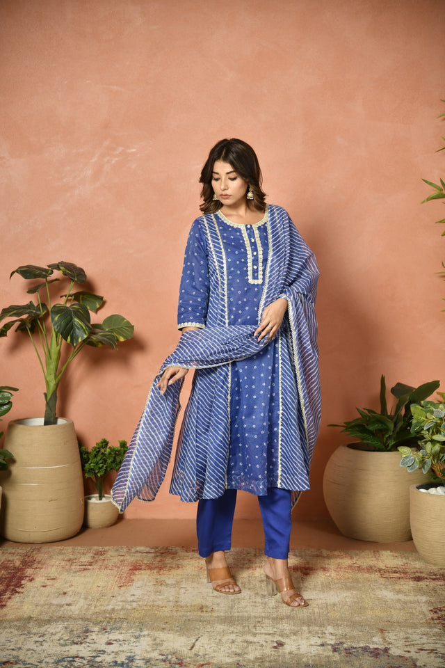 Royal Blue Embroidered Kota Doria Suit Set with Dupatta
