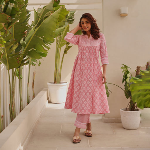 Pink Chunakhari Printed Cotton Kurta Set with Lace Work