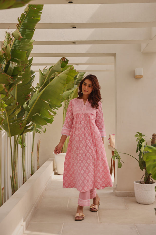 Pink Chunakhari Printed Cotton Kurta Set with Lace Work