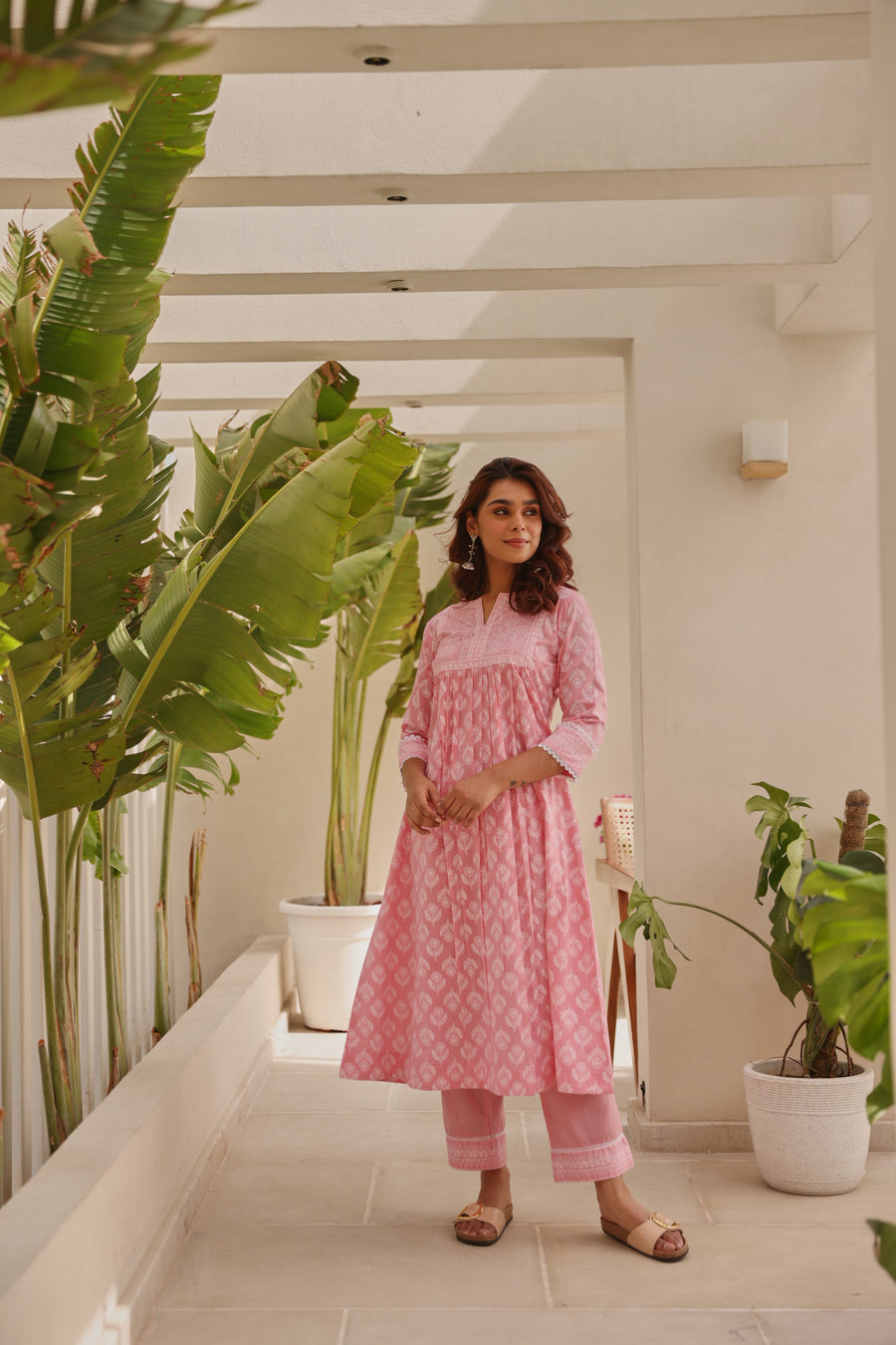 Pink Chunakhari Printed Cotton Kurta Set with Lace Work