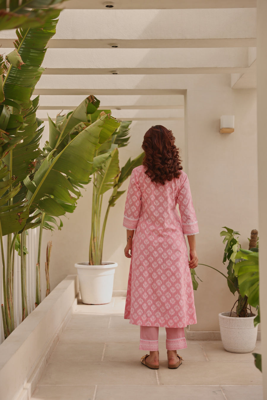 Pink Chunakhari Printed Cotton Kurta Set with Lace Work