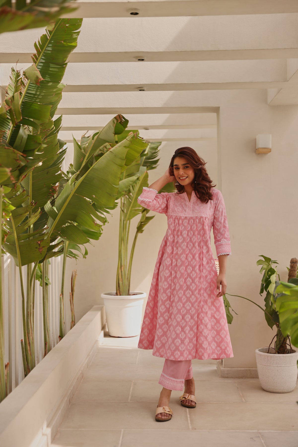 Pink Chunakhari Printed Cotton Kurta Set with Lace Work