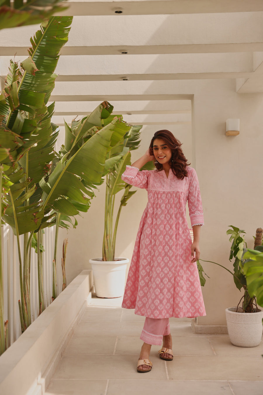 Pink Chunakhari Printed Cotton Kurta Set with Lace Work