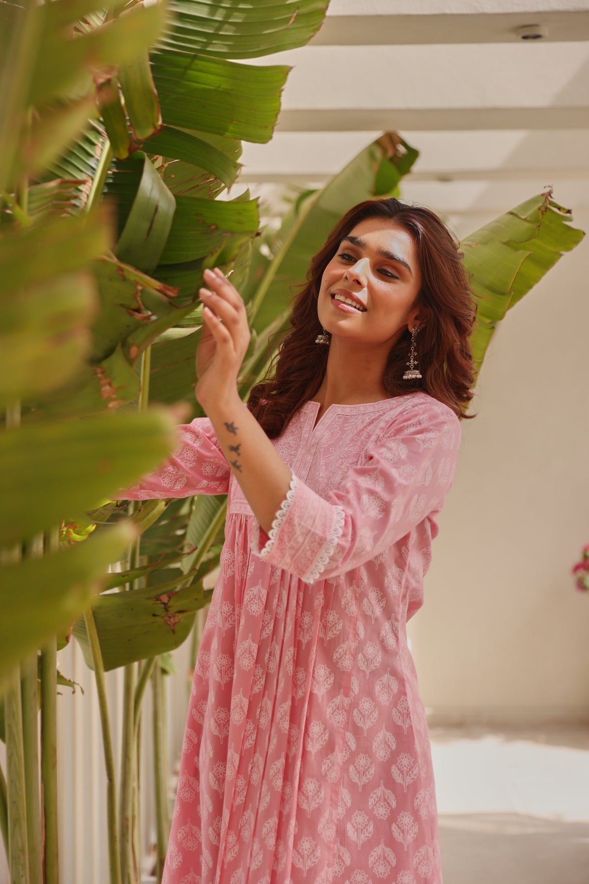 Pink Chunakhari Printed Cotton Kurta Set with Lace Work