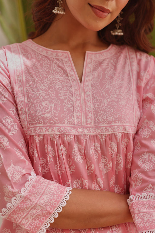 Pink Chunakhari Printed Cotton Kurta Set with Lace Work