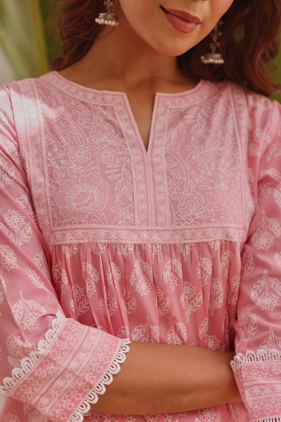 Pink Chunakhari Printed Cotton Kurta Set with Lace Work